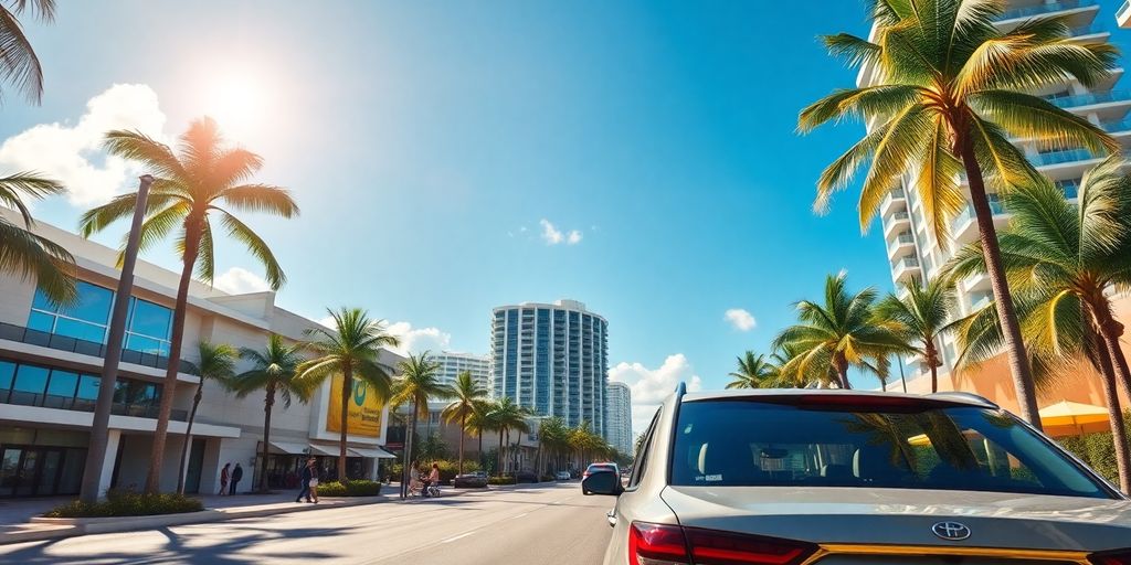 Vibrant Aventura, Florida scene with palm trees and buildings.