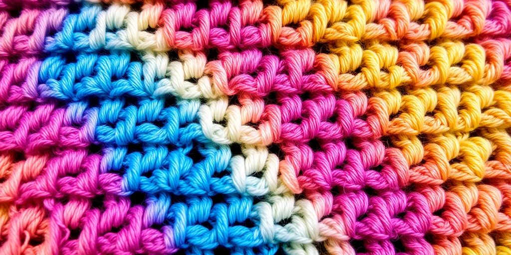 Crocheted fabric with vibrant, transitioning hand-dyed yarn.