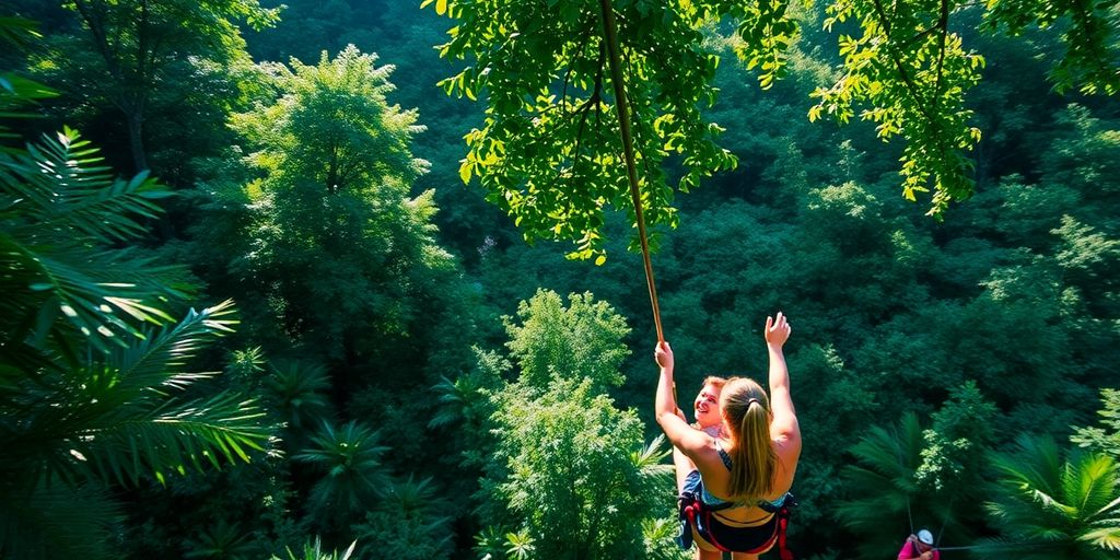 Adventurers zip-lining through lush jungle canopy.