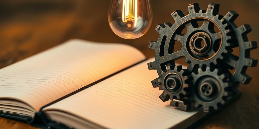 Lightbulb glowing above open notebook with gears.