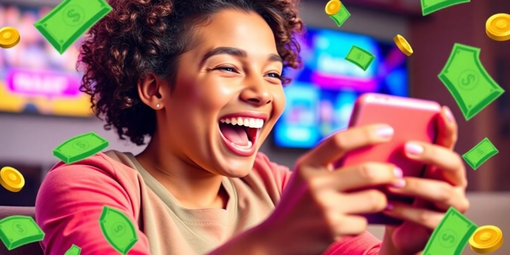 Person playing a mobile game with cash rewards around.