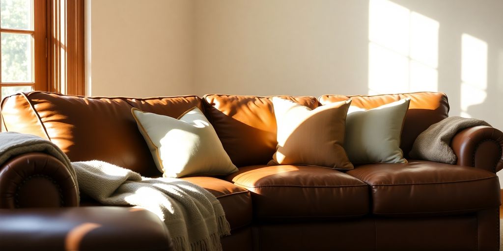 Brown leather sofá with throw pillows.