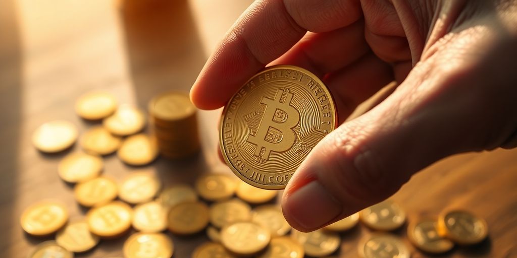 Hand holding a shiny golden coin against blurred wooden background