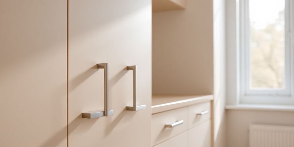 Painted kitchen cupboards, new hardware, bright kitchen.