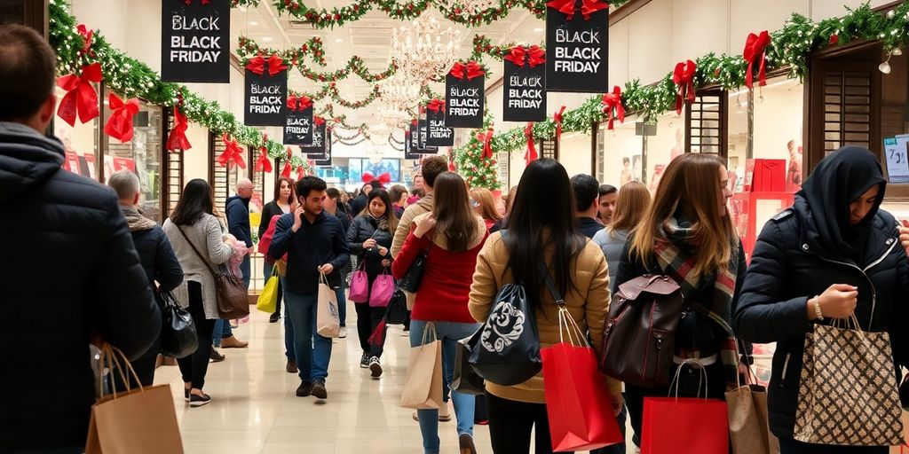Cena de compras na Black Friday com pessoas e ofertas.