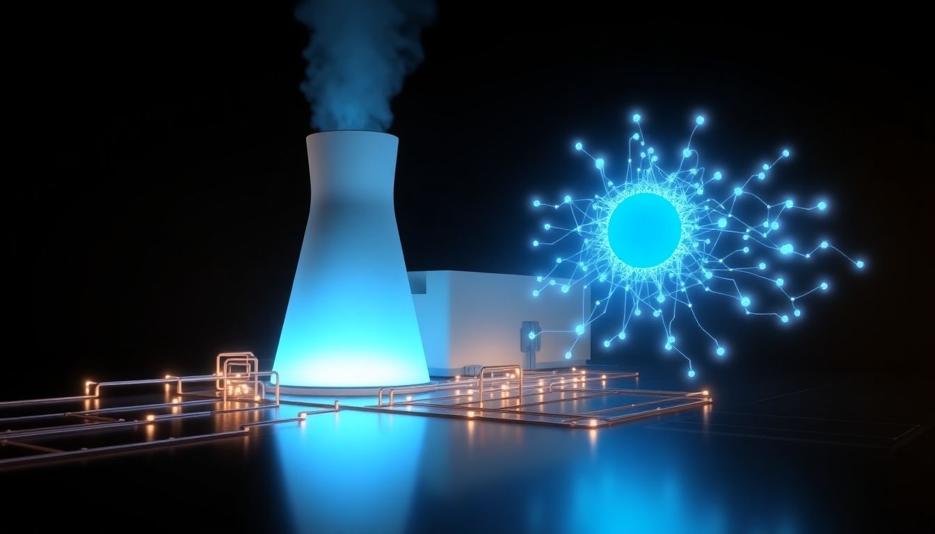 A futuristic nuclear reactor powering a glowing AI brain.