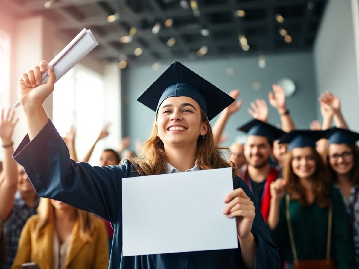 Student celebrating scholarship success with peers in joyful scene.