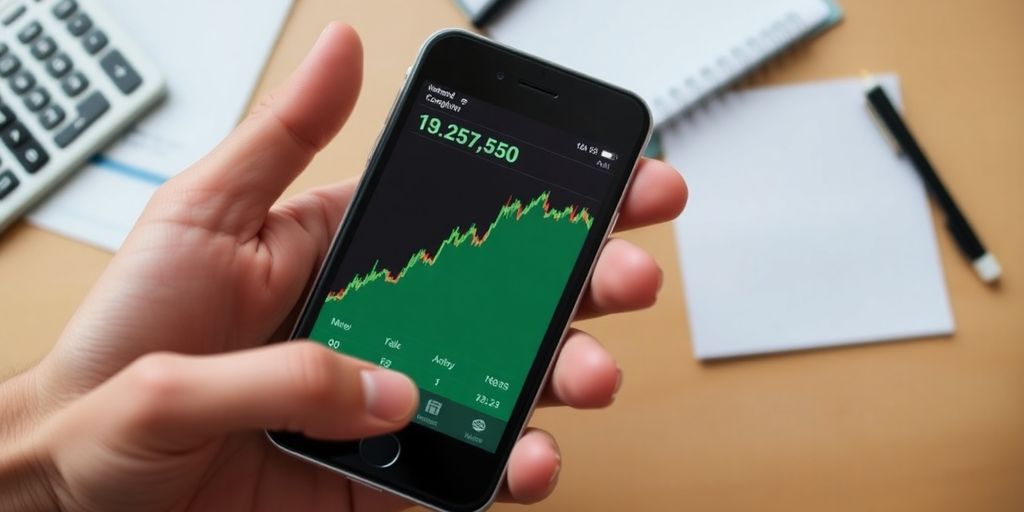 Mão segurando celular com dados do mercado financeiro.