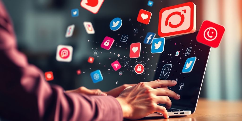 Person using laptop with social media icons