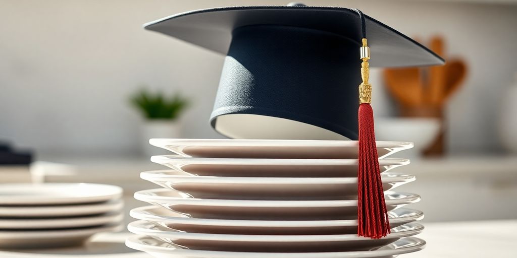 Graduation cap on a stack of clean dishes.