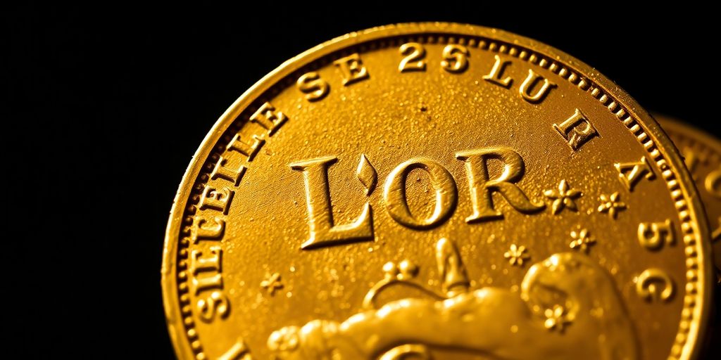 Un Louis d'or doré scintillant sur un fond sombre.