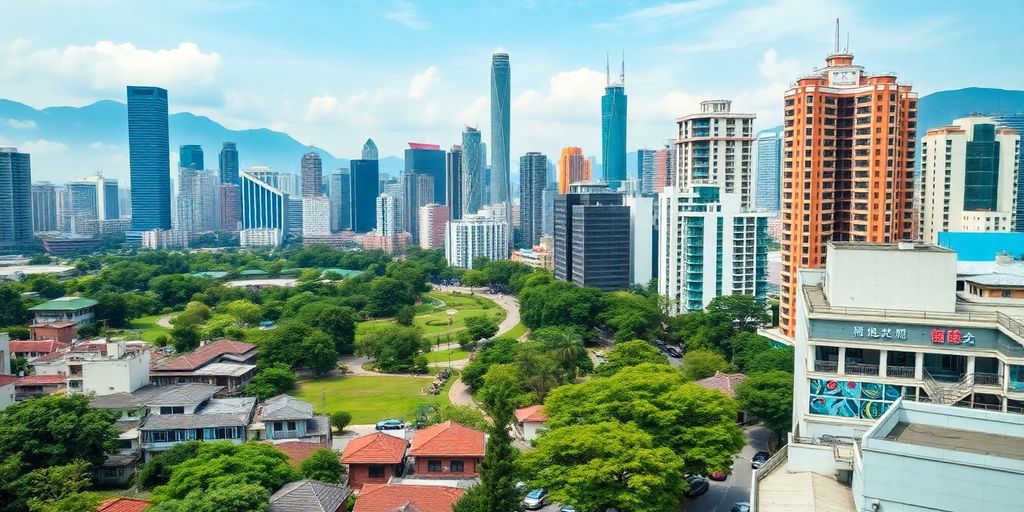 Cityscape of Shenzhen with skyscrapers and green spaces.