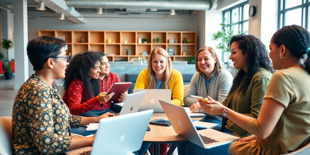 Group of people collaborating in a creative workspace.