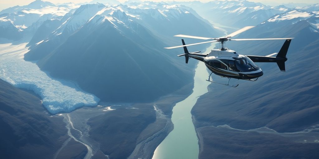 A helicopter flies over majestic Alaskan mountains and glaciers.