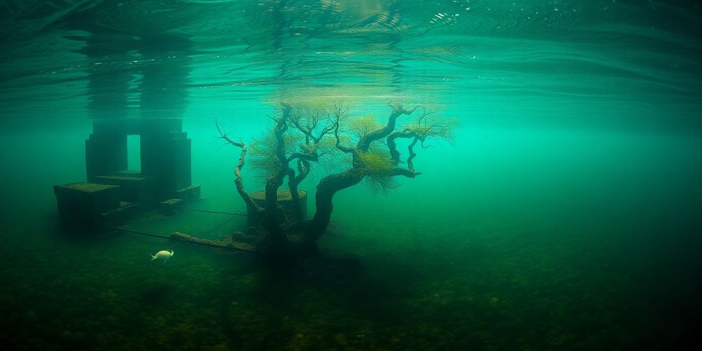 Underwater view of historical structures at Vaal Dam. Resurfacing History: The Underwater Graves