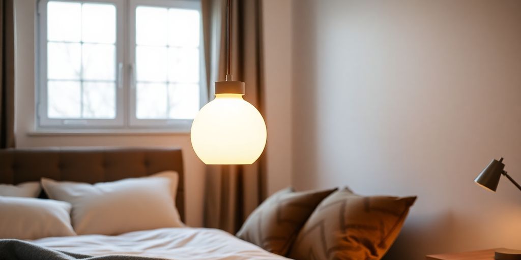 Lampada comodino sospesa in una camera elegante.
