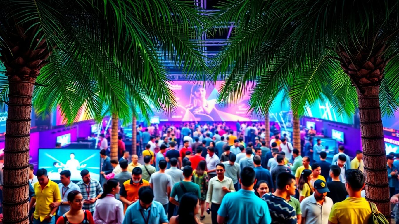 Vibrant virtual event with palm trees and attendees.