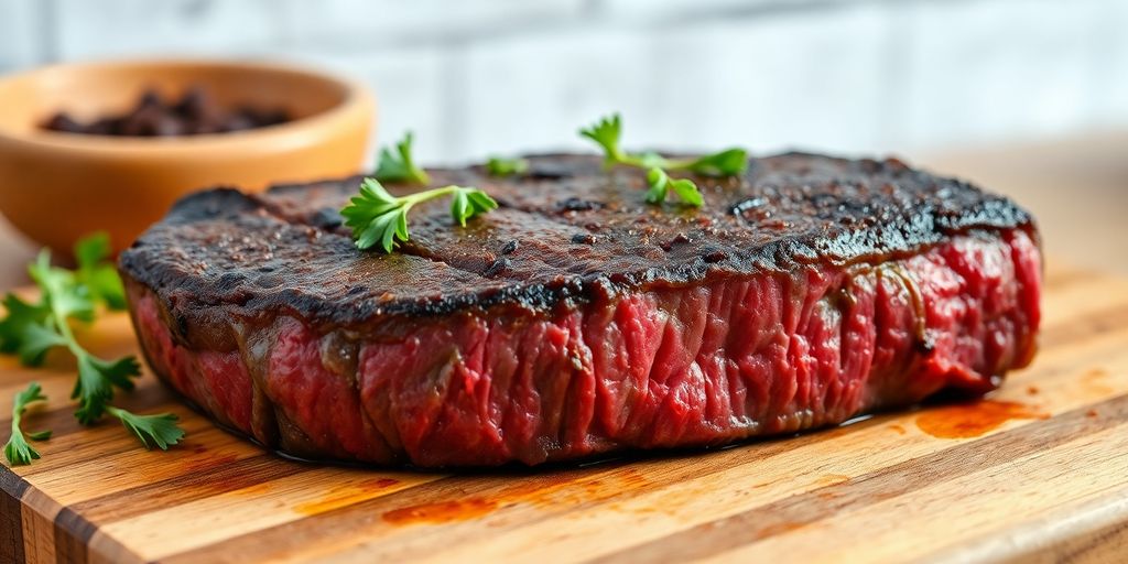 Juicy grass-fed beef steak on a wooden cutting board.