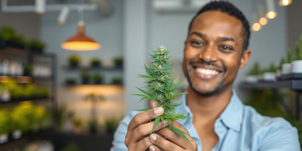 Person smiling, holding a cannabis plant.