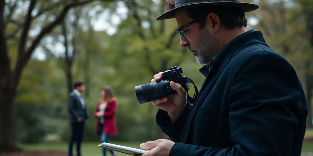 Private investigator observing couple in a park.