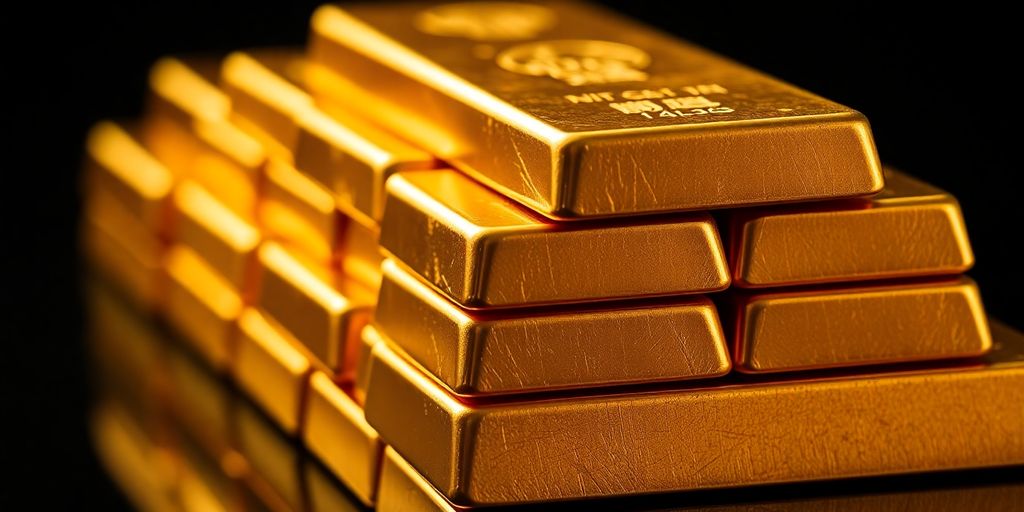 Barres d'or empilées sur un fond sombre.