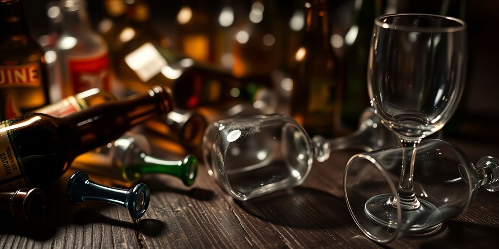 Empty beer bottles, discarded wine glasses.