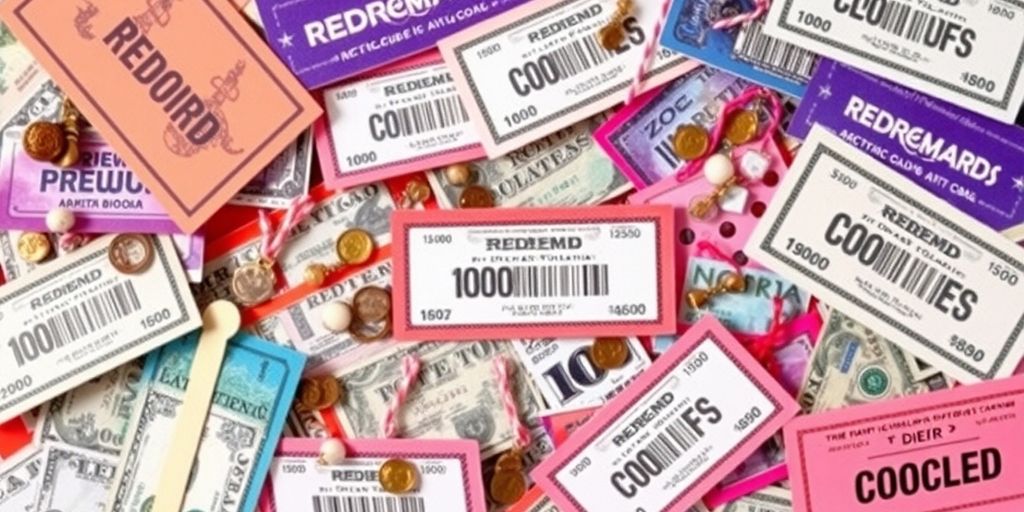 Colorful redeem codes and currency notes creatively arranged.