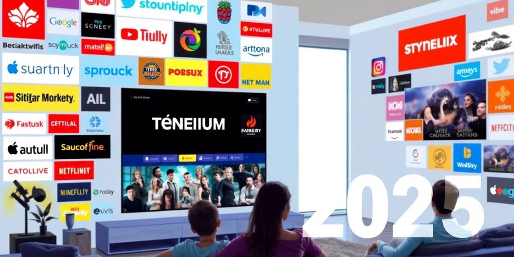 Collage of streaming service logos and people watching content.