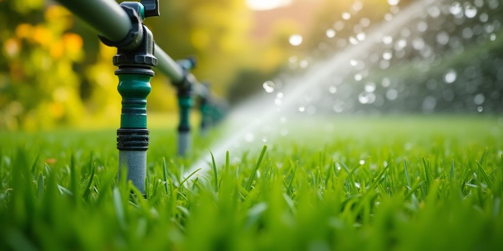 Nahaufnahme eines Tropfbewässerungssystems mit Wassertröpfchen.