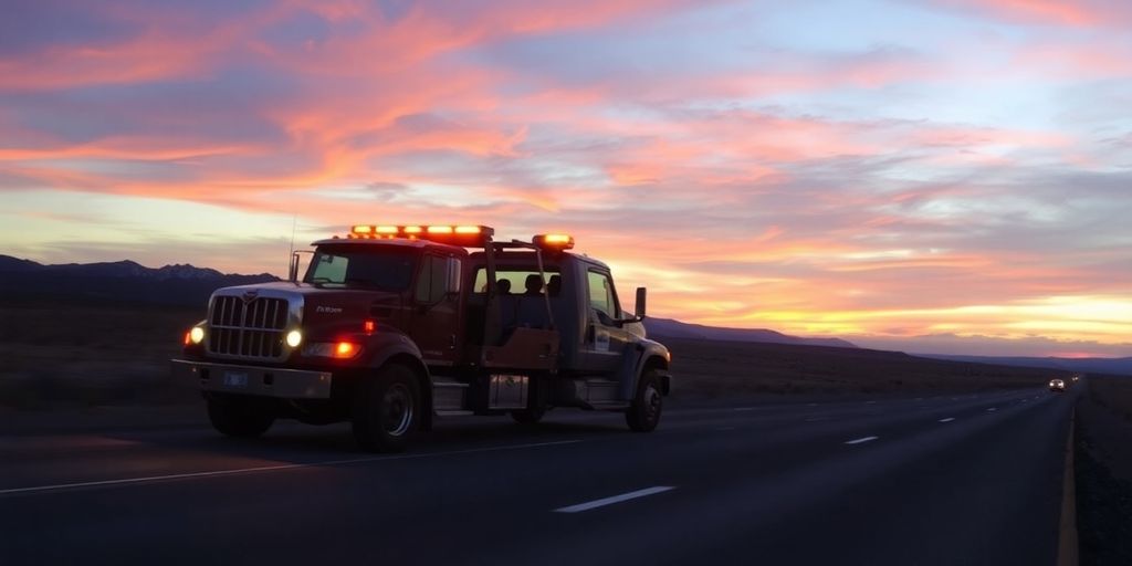 Grúa remolcando auto averiado en carretera desolada.