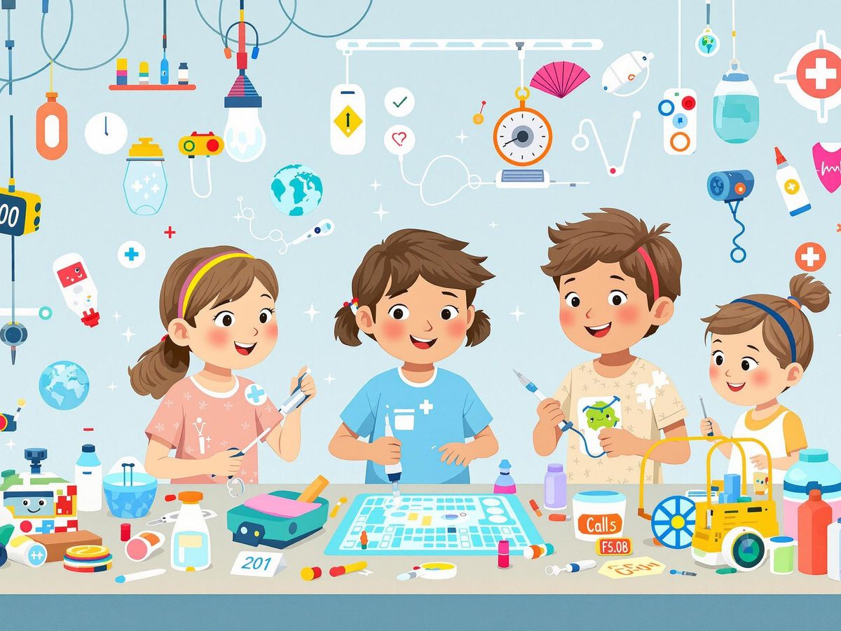 Copii inventatori lucrând la inovații medicale creative.