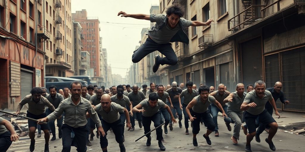 Parkour athlete leaping over zombies in a city.