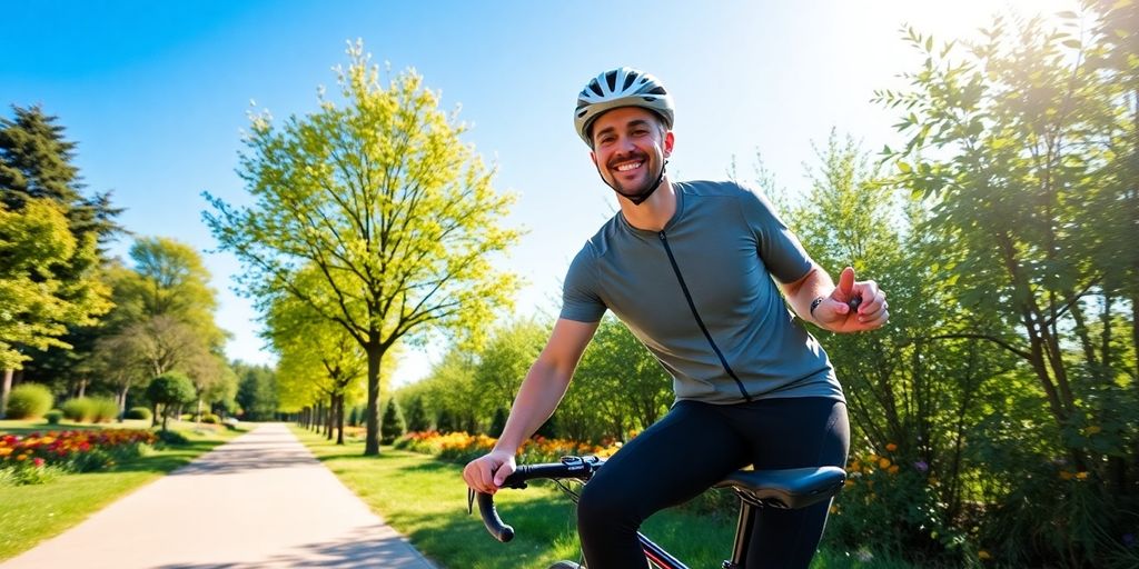 Person biking on sunny park path surrounded by green trees