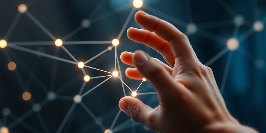 Human hand interacting with abstract AI elements.