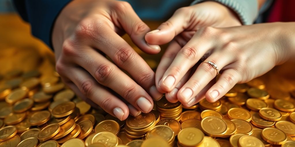 Pièces d'or et des mains familiales échangeant de l'argent.