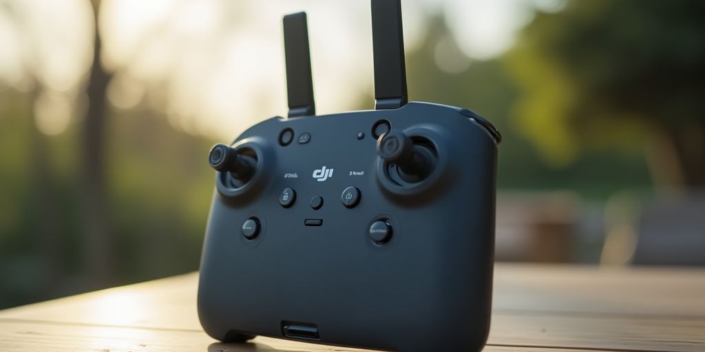 Radiocommande DJI RC Pro sur fond flou extérieur.