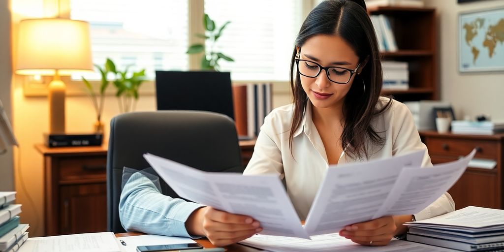 Photo of a translator at work with documents.