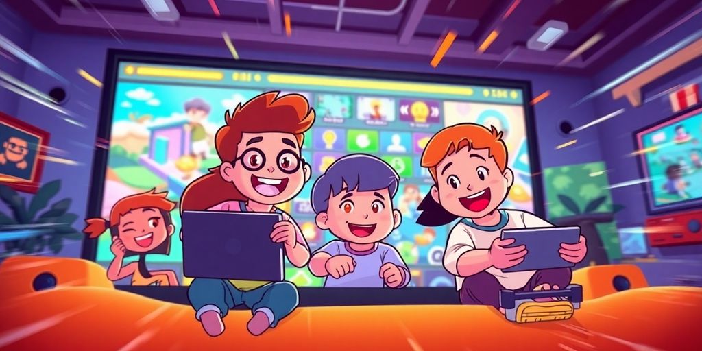 Colorful cartoon characters happily playing diverse online games
