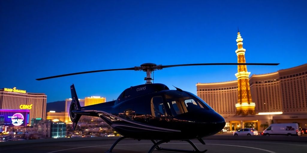 A helicopter ready for takeoff overlooking the Las Vegas Strip.