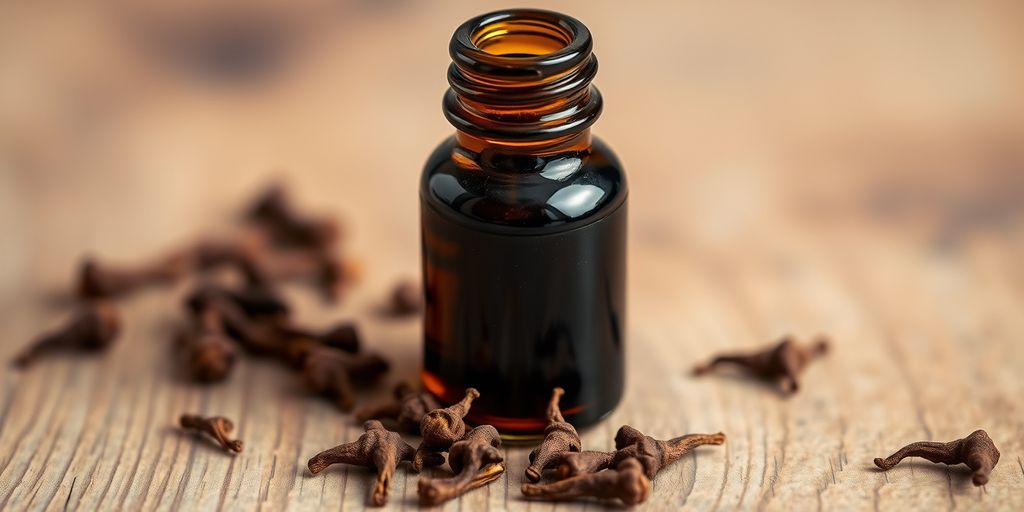 Clove oil bottle with cloves