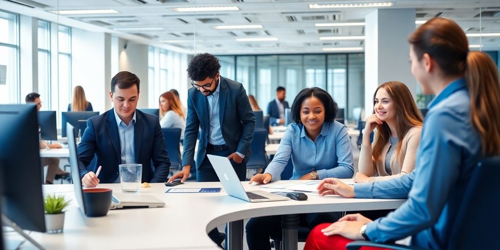Vertrauensarbeitszeit und flexible Modelle: Ein Trend, der bleibt? Menschen im Büro, die flexibel arbeiten, mit blauen Akzenten.