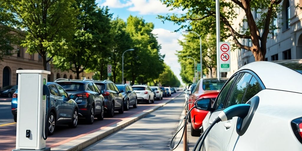 Electric vehicles parked on a city street with chargers.