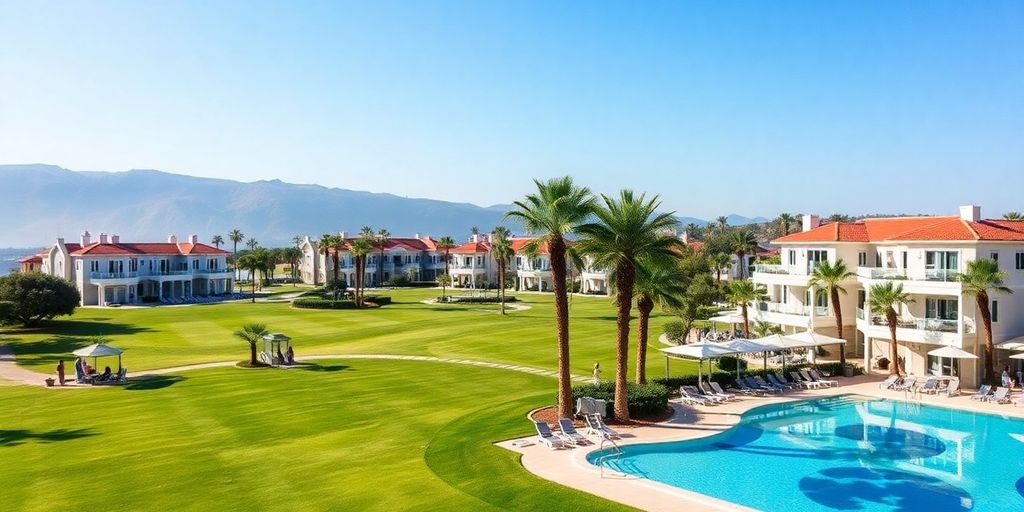 Luxury golf resort with palm trees and serene spa area.