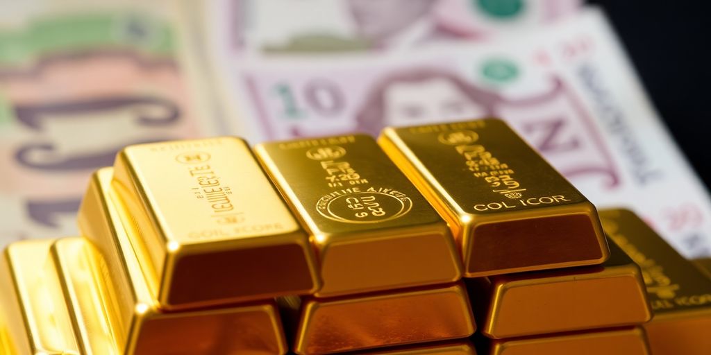 Barres d'or et billets de banque en arrière-plan.