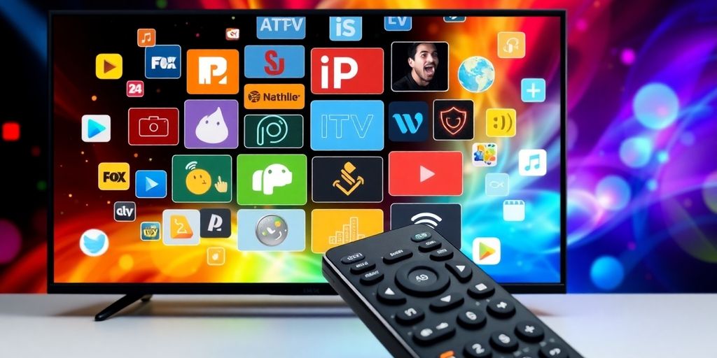Top 10 IPTV Add-Ons for an Enhanced Viewing Experience 2 Colorful IPTV icons and a remote control for streaming - Top 10 IPTV Add-Ons