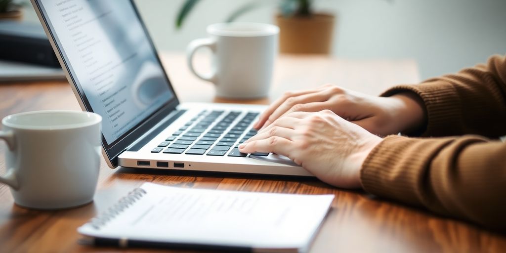 Person typing on a laptop with coffee and notes.