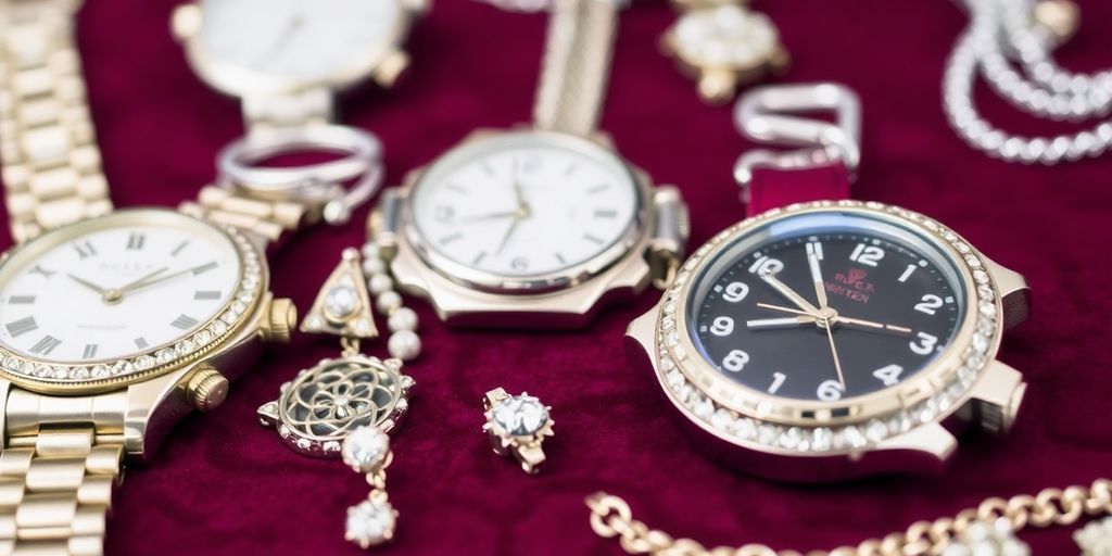 Bijoux et montres sur fond en velours.
