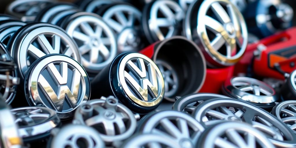 A Volkswagen mechanic inspects a shiny new car part.