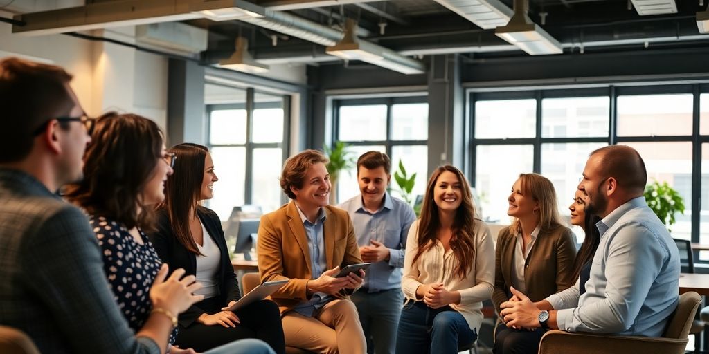 Professionals collaborating in a bright, modern workspace.