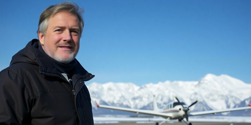 A man stands smiling before a small plane and Alaskan mountains.